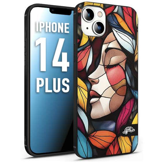 CUSTOMIZZA - Custodia cover nera morbida in tpu compatibile per iPhone 14 PLUS Vetrata artistica volto di donna profilo fogliare mosaico di vetro colorato