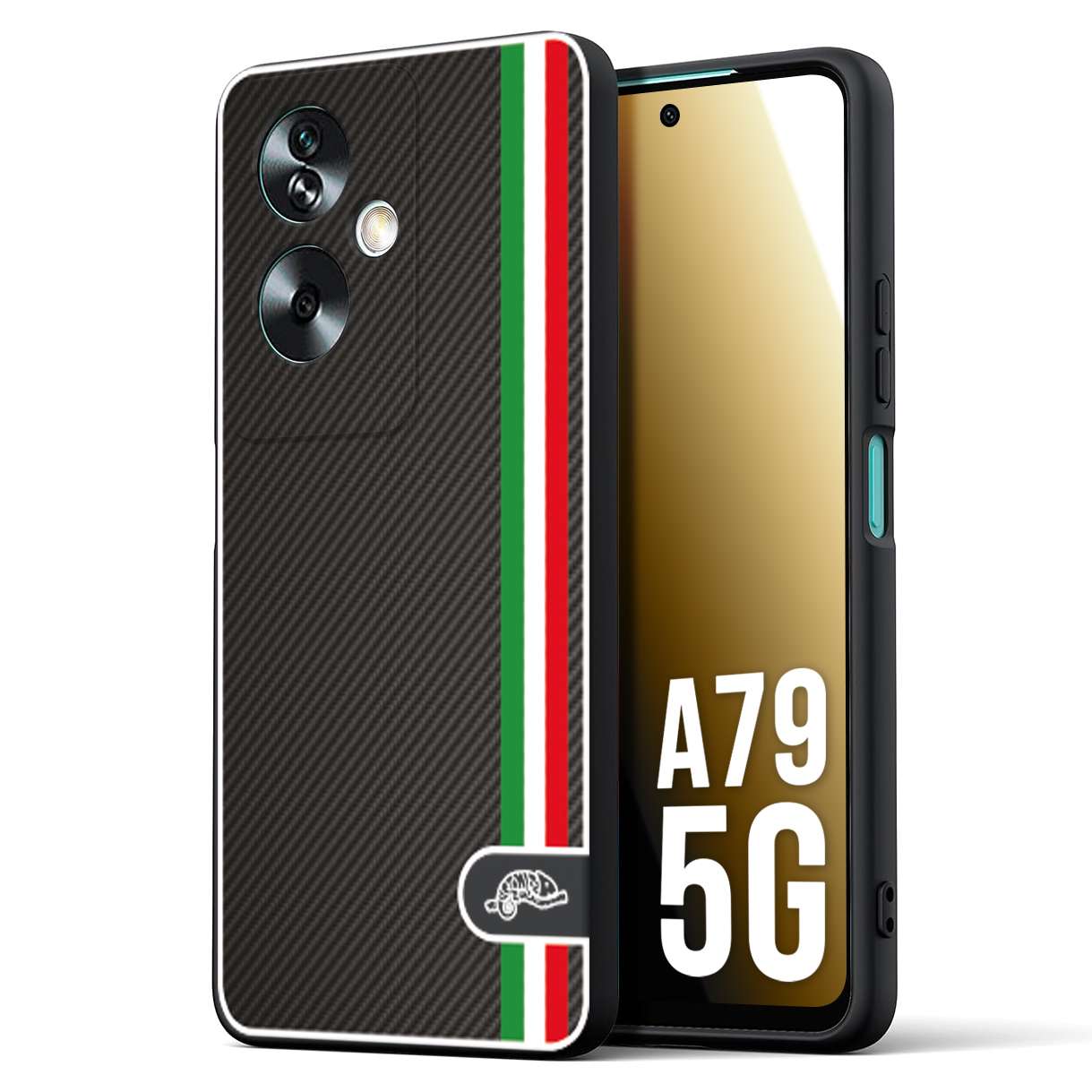 CUSTOMIZZA - Custodia cover nera morbida in tpu compatibile per Oppo A79 5G effetto fibra di carbonio bandiera Italia made in Italy