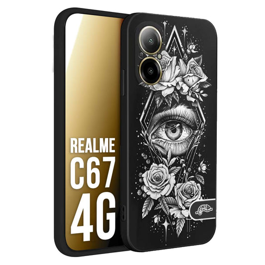 CUSTOMIZZA - Custodia cover nera morbida in tpu compatibile per Realme C67 4G occhio fiori rombo geometrico black and white bianco a rilievo disegnato tattoo tatuaggio