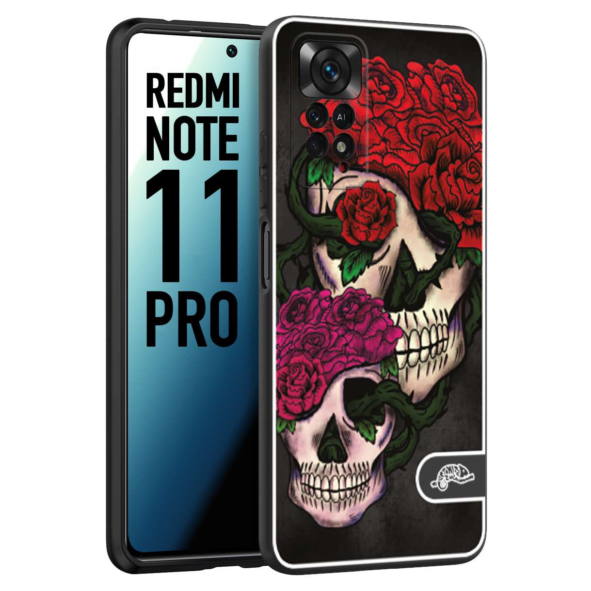 CUSTOMIZZA - Custodia cover nera morbida in tpu compatibile per Xiaomi Redmi Note 11 PRO teschi e rose rosse fucsia skull and roses