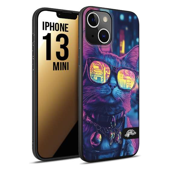 CUSTOMIZZA - Custodia cover nera morbida in tpu compatibile per iPhone 13 MINI animali cyberpunk gatto street cat fucsia blu giallo