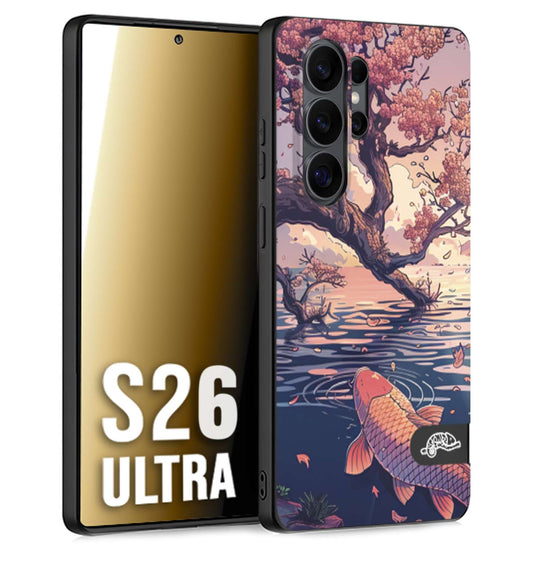 CUSTOMIZZA - Custodia cover nera morbida in tpu compatibile per Samsung S26 ULTRA giapponese lago carpa koi rosa con foglie d'acero disegnata tattoo