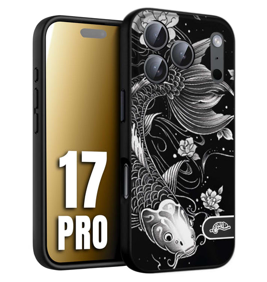 CUSTOMIZZA - Custodia cover nera morbida in tpu compatibile per iPhone 17 PRO carpa koi black and white bianco a rilievo disegnato tattoo tatuaggio