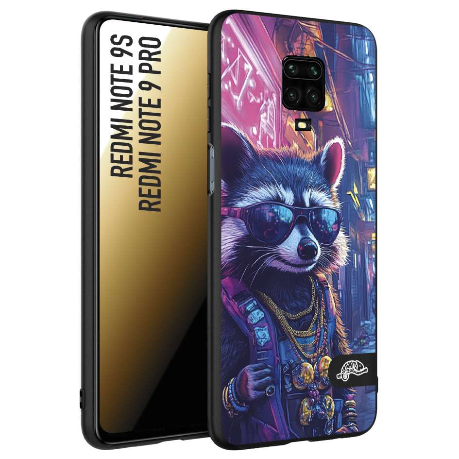 CUSTOMIZZA - Custodia cover nera morbida in tpu compatibile per Xiaomi Redmi Note 9S - Note 9 PRO animali simpatici cyberpunk procione racoon street cat fucsia blu giallo