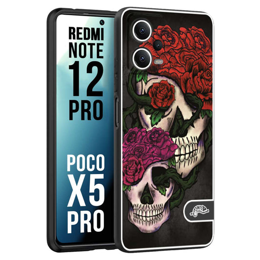 CUSTOMIZZA - Custodia cover nera morbida in tpu compatibile per Xiaomi Redmi Note 12 PRO - POCO X5 PRO teschi e rose rosse fucsia skull and roses