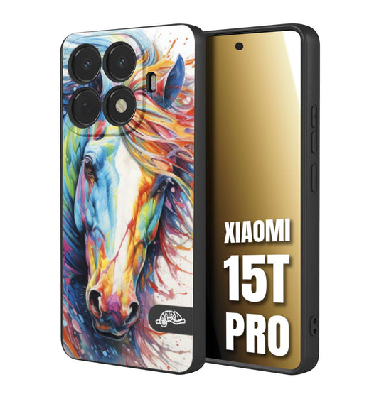 CUSTOMIZZA - Custodia cover nera morbida in tpu compatibile per Xiaomi 15T PRO animali color cavallo horse viso colori vibranti disegnato schizzo