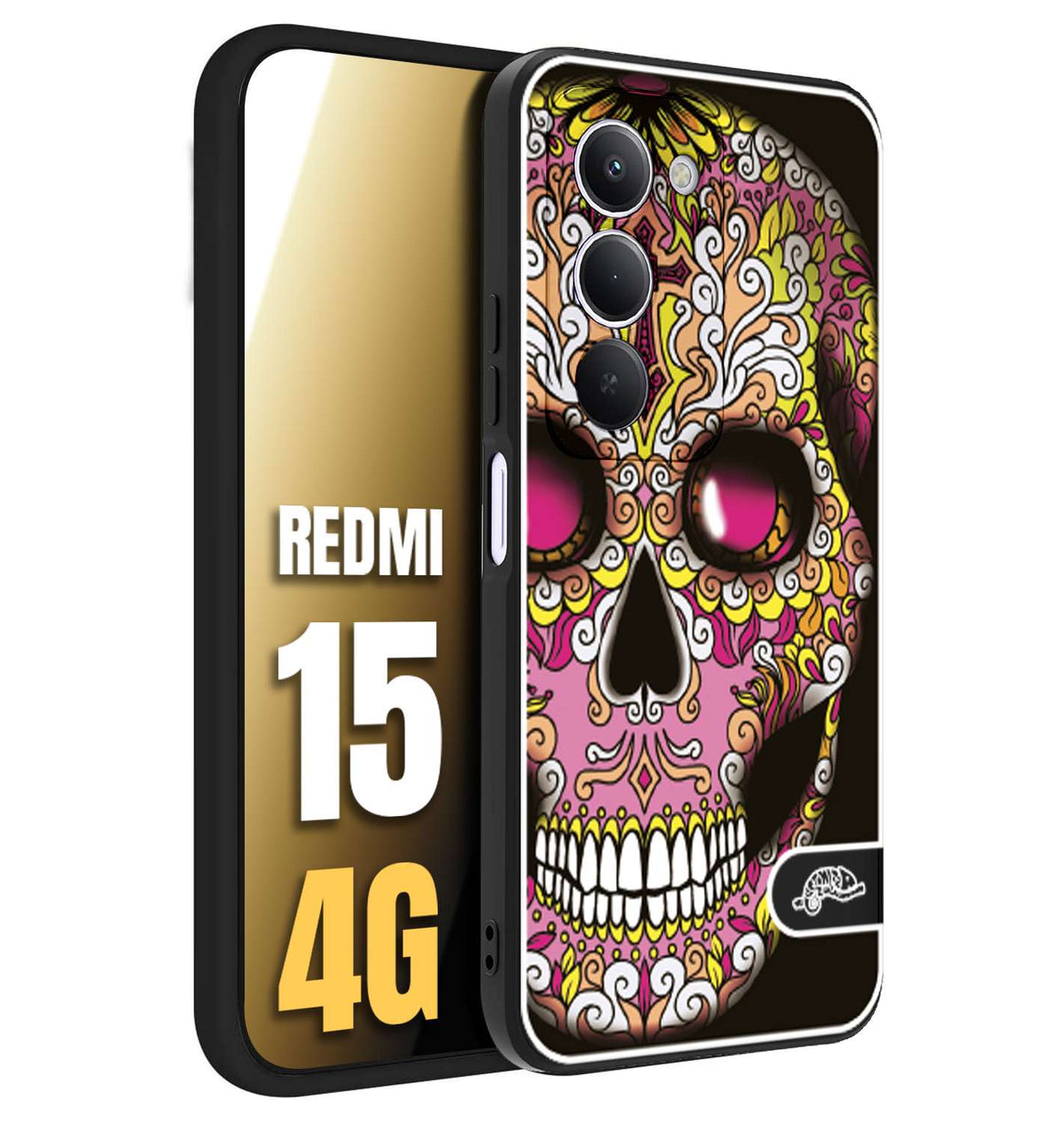 CUSTOMIZZA - Custodia cover nera morbida in tpu compatibile per Xiaomi Redmi 15 4G teschio messicano Mexican skull rosa gialla
