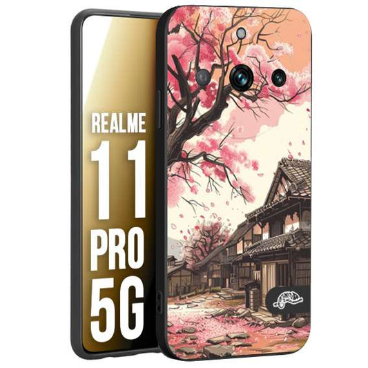 CUSTOMIZZA - Custodia cover nera morbida in tpu compatibile per Oppo Realme 11 PRO 5G casa giapponese rosa ciliegio in fiore disegnata tattoo