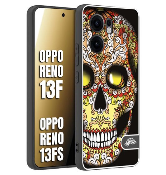 CUSTOMIZZA - Custodia cover nera morbida in tpu compatibile per Oppo Reno 13 F teschio messicano Mexican skull giallo rosso arancio