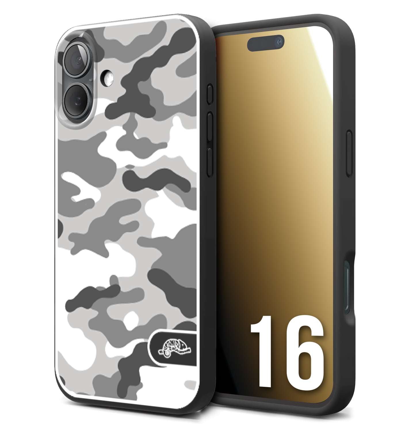 CUSTOMIZZA - Custodia cover nera morbida in tpu compatibile per iPhone 16 camouflage mimetico militare bianco white