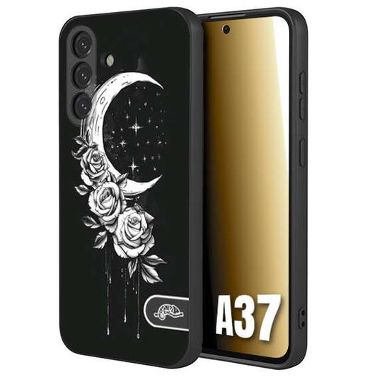 CUSTOMIZZA - Custodia cover nera morbida in tpu compatibile per Samsung A37 luna e fiori moon flowers black and white bianco a rilievo disegnato