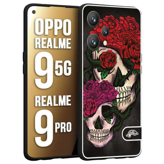 CUSTOMIZZA - Custodia cover nera morbida in tpu compatibile per Oppo Realme 9 5G - 9 PRO teschi e rose rosse fucsia skull and roses
