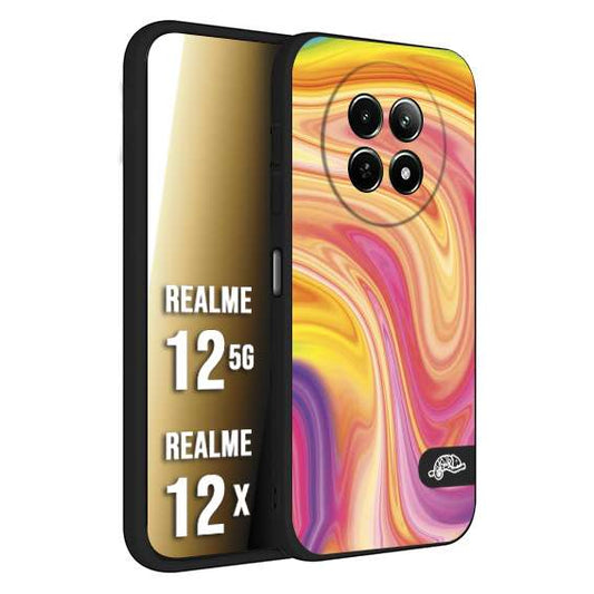 CUSTOMIZZA - Custodia cover nera morbida in tpu compatibile per Realme 12 5G - 12X colorata fantasia vortice marmo onde rosa fucsia gialla
