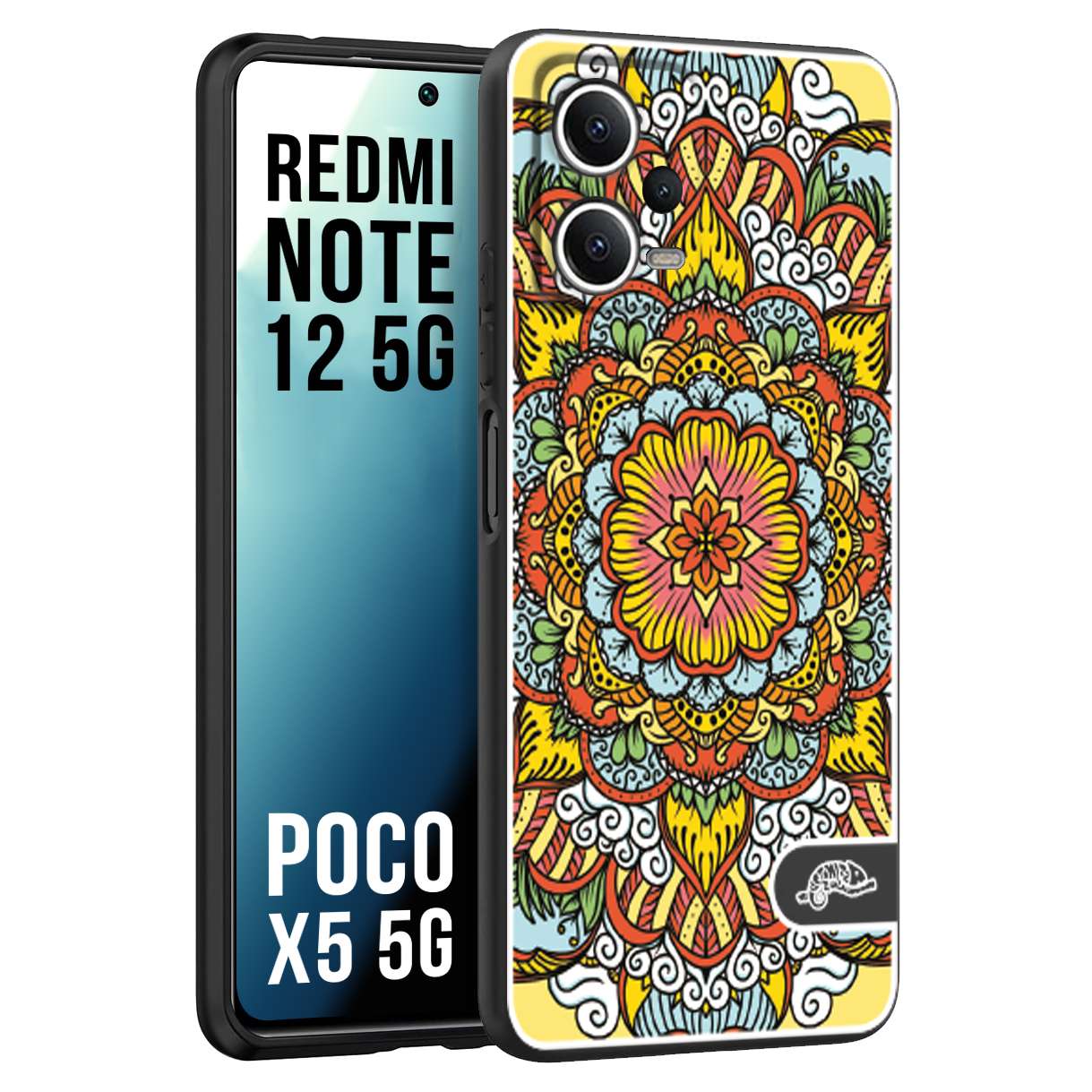 CUSTOMIZZA - Custodia cover nera morbida in tpu compatibile per Xiaomi Redmi Note 12 5G - POCO X5 5G mandala colorato fiore nuvole arancione