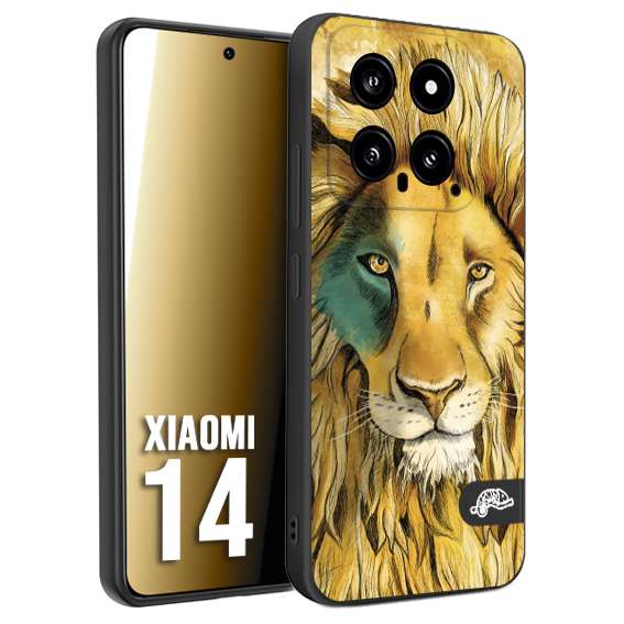 CUSTOMIZZA - Custodia cover nera morbida in tpu compatibile per Xiaomi 14 leone lion disegnato a mano giallo blu a rilievo artistico brown