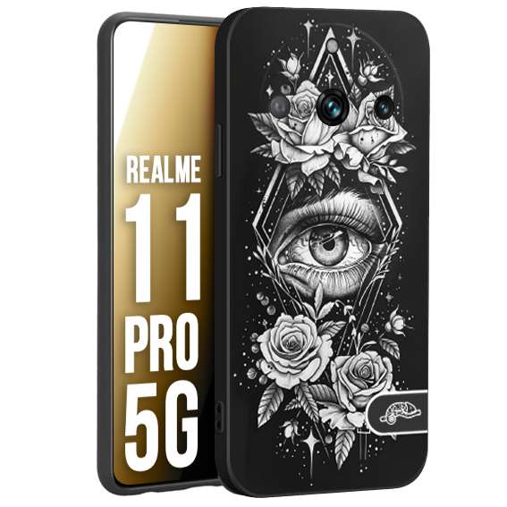 CUSTOMIZZA - Custodia cover nera morbida in tpu compatibile per Oppo Realme 11 PRO 5G occhio fiori rombo geometrico black and white bianco a rilievo disegnato tattoo tatuaggio