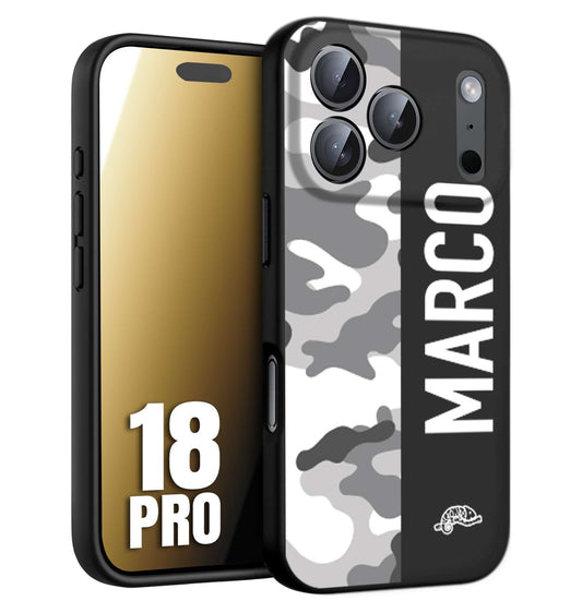 CUSTOMIZZA - Custodia cover nera morbida in tpu compatibile per iPhone 18 PRO camouflage mimetico militare personalizzata nome bianco