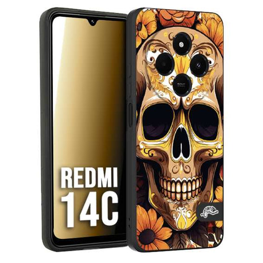 CUSTOMIZZA - Custodia cover nera morbida in tpu compatibile per Xiaomi Redmi 14C teschio messicano colorato dorato fiori tattoo disegnato