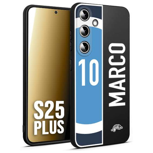 CUSTOMIZZA - Custodia cover nera morbida in tpu compatibile per Samsung S25 PLUS personalizzata calcio football nome e numero calciatori biancoazzurri bianco celesti