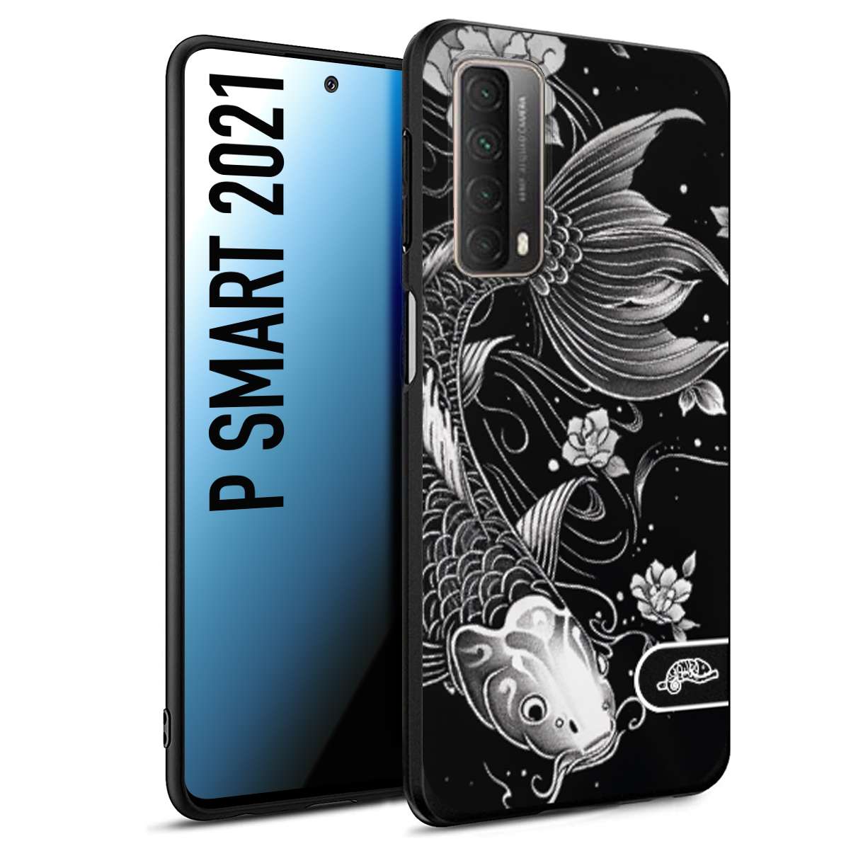 CUSTOMIZZA - Custodia cover nera morbida in tpu compatibile per Huawei P Smart 2021 carpa koi black and white bianco a rilievo disegnato tattoo tatuaggio