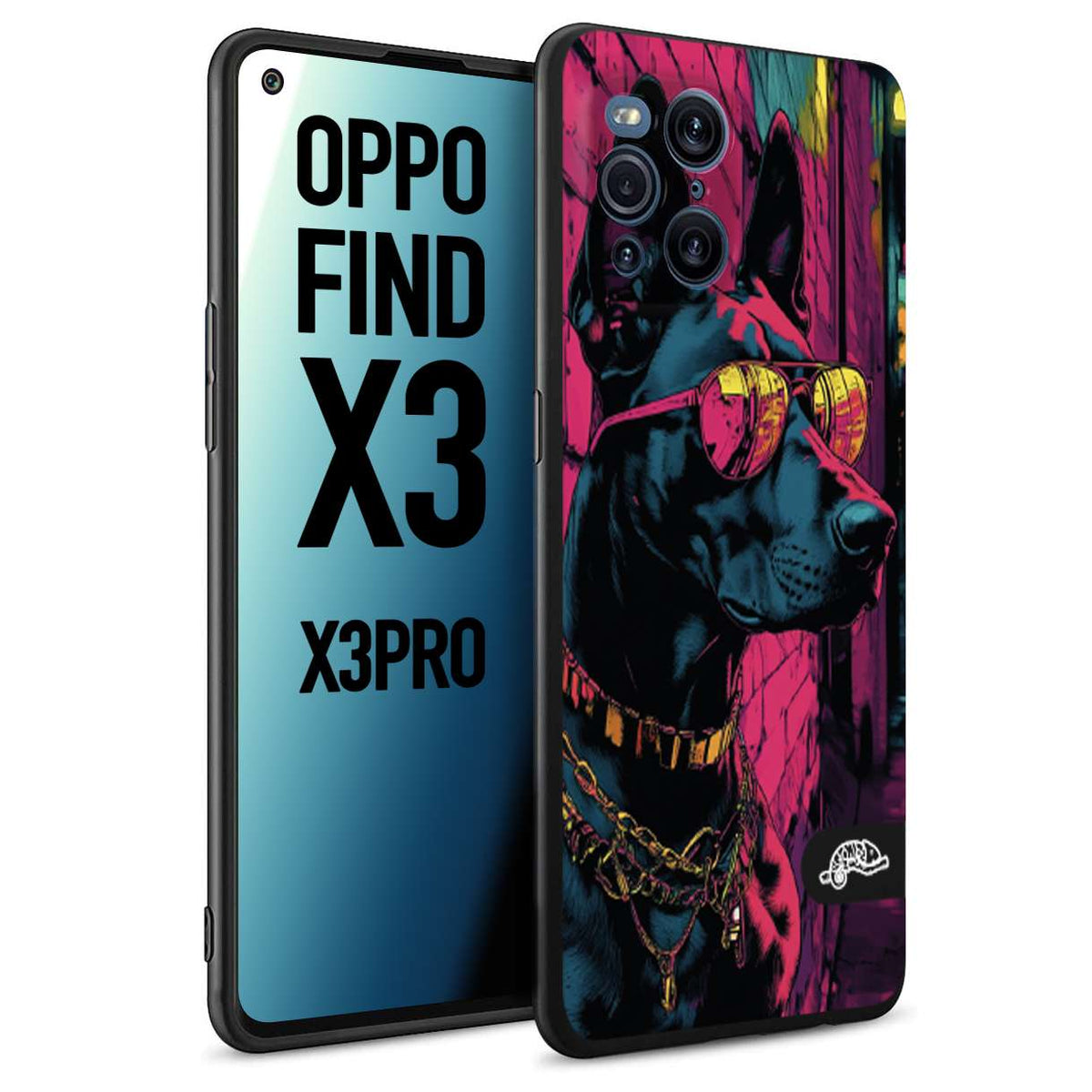 CUSTOMIZZA - Custodia cover nera morbida in tpu compatibile per Oppo Find X3 - Find X3 Pro 5G animali cyberpunk dobermann cane street dog fucsia blu
