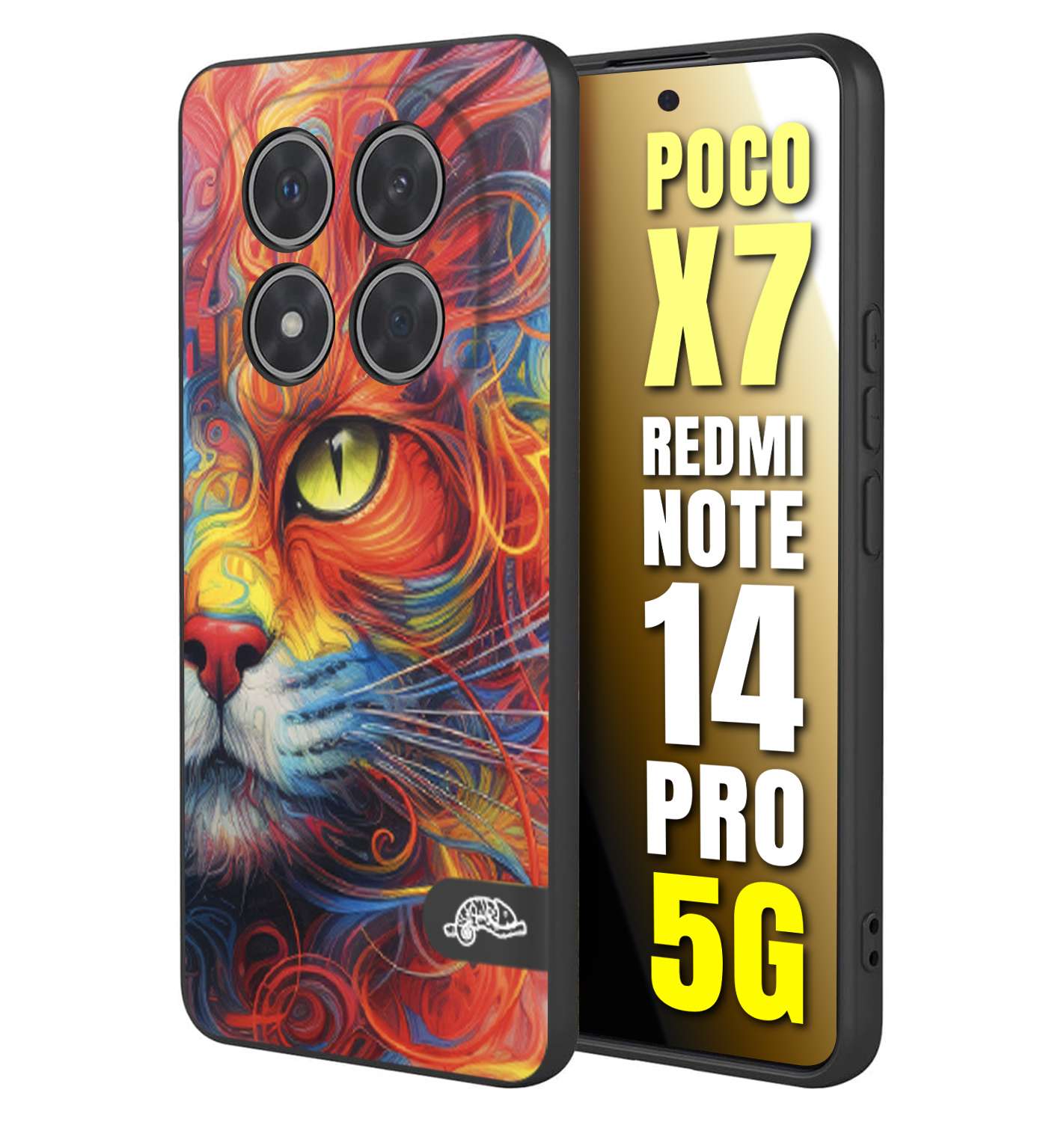 CUSTOMIZZA - Custodia cover nera morbida in tpu compatibile per Xiaomi Redmi Note 14 PRO 5G animali color cat gatto viso colori vibranti disegnato schizzo