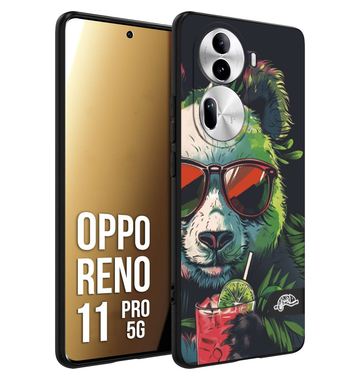 CUSTOMIZZA - Custodia cover nera morbida in tpu compatibile per Oppo Reno 11 PRO 5G estate disegnata cocktails animali simpatici panda mojito