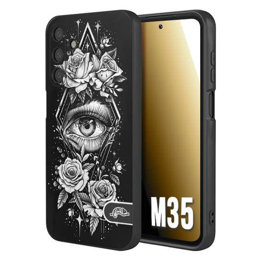 CUSTOMIZZA - Custodia cover nera morbida in tpu compatibile per Samsung M35 occhio fiori rombo geometrico black and white bianco a rilievo disegnato tattoo tatuaggio