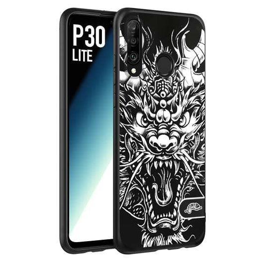 CUSTOMIZZA - Custodia cover nera morbida in tpu compatibile per Huawei P30 LITE drago black and white bianco a rilievo disegnato tattoo tatuaggio