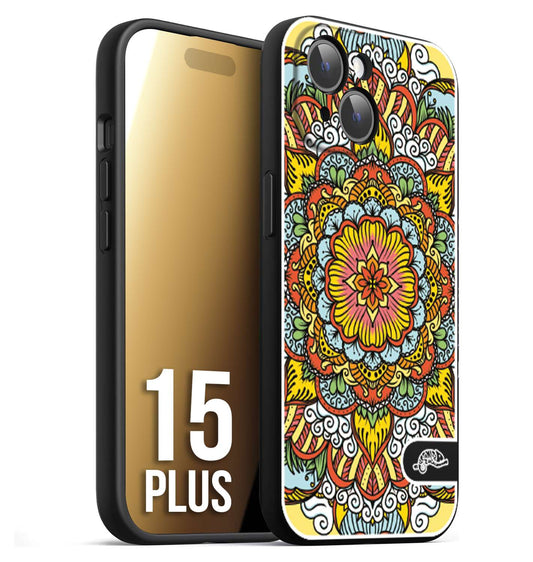 CUSTOMIZZA - Custodia cover nera morbida in tpu compatibile per iPhone 15 PLUS mandala colorato fiore nuvole arancione