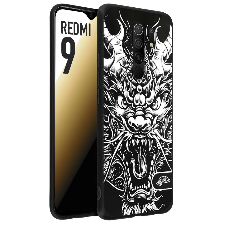 CUSTOMIZZA - Custodia cover nera morbida in tpu compatibile per Xiaomi Redmi 9 drago black and white bianco a rilievo disegnato tattoo tatuaggio
