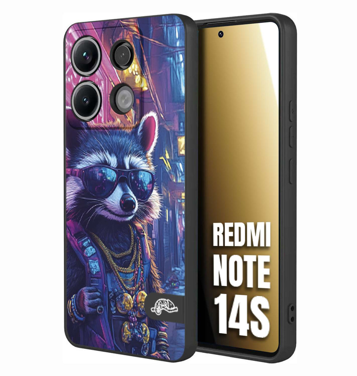 CUSTOMIZZA - Custodia cover nera morbida in tpu compatibile per Xiaomi Redmi Note 14S animali simpatici cyberpunk procione racoon street cat fucsia blu giallo