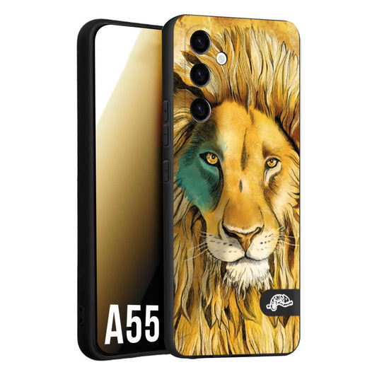 CUSTOMIZZA - Custodia cover nera morbida in tpu compatibile per Samsung A55 5G leone lion disegnato a mano giallo blu a rilievo artistico brown