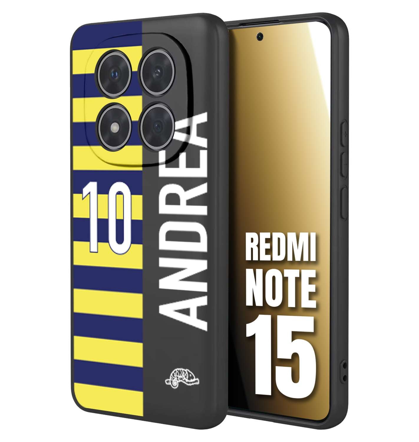 CUSTOMIZZA - Custodia cover nera morbida in tpu compatibile per Xiaomi Redmi Note 15 personalizzata calcio football nome e numero calciatori giallo blu