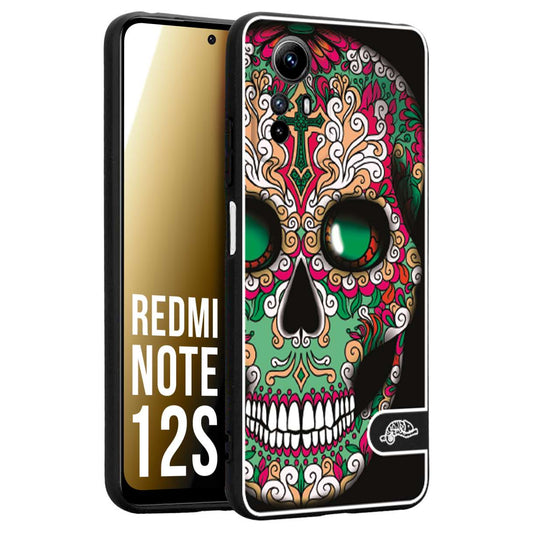 CUSTOMIZZA - Custodia cover nera morbida in tpu compatibile per Xiaomi Redmi Note 12S teschio messicano Mexican skull verde fucsia