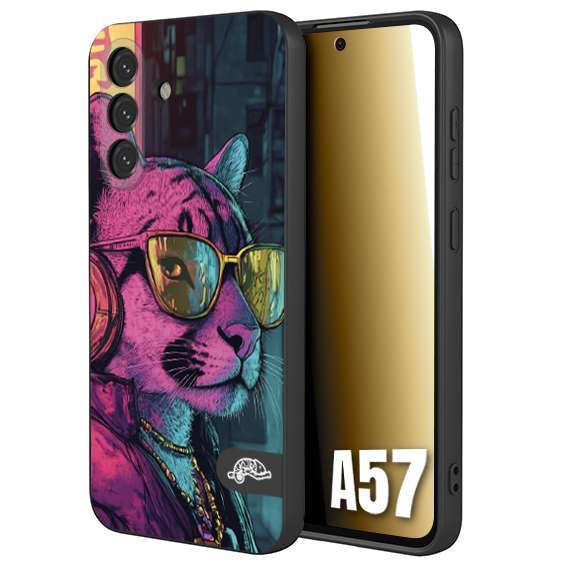 CUSTOMIZZA - Custodia cover nera morbida in tpu compatibile per Samsung A57 animali cyberpunk pantera street cat fucsia blu giallo