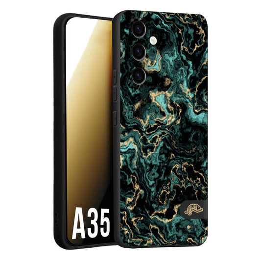 CUSTOMIZZA - Custodia cover nera morbida in tpu compatibile per Samsung A35 5G effetto marmo marble verde green venature dorato pietra