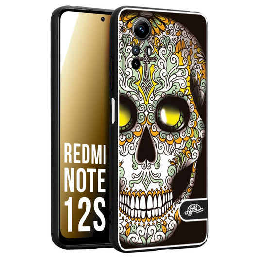 CUSTOMIZZA - Custodia cover nera morbida in tpu compatibile per Xiaomi Redmi Note 12S teschio messicano Mexican skull bianco verde giallo