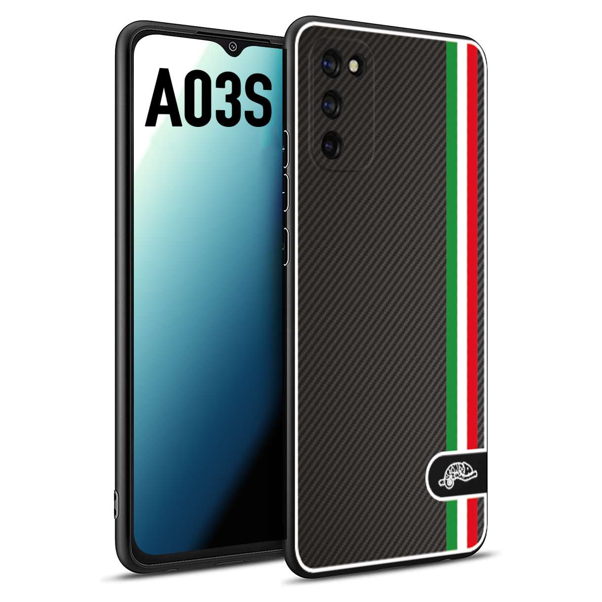 CUSTOMIZZA - Custodia cover nera morbida in tpu compatibile per Samsung A03S effetto fibra di carbonio bandiera Italia made in Italy