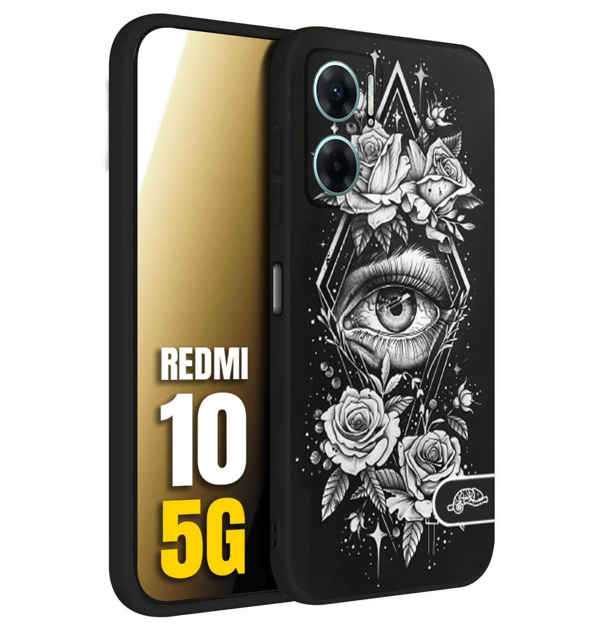 CUSTOMIZZA - Custodia cover nera morbida in tpu compatibile per Xiaomi Redmi 10 5G occhio fiori rombo geometrico black and white bianco a rilievo disegnato tattoo tatuaggio