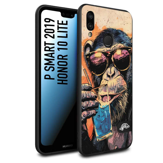 CUSTOMIZZA - Custodia cover nera morbida in tpu compatibile per Huawei P Smart 2019 estate disegnata cocktails animali simpatici scimmia monkey negroni