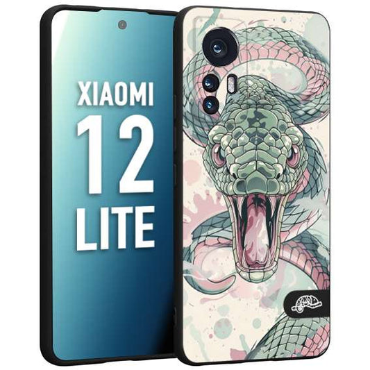 CUSTOMIZZA - Custodia cover nera morbida in tpu compatibile per Xiaomi 12 LITE snake pink green serpente tatuaggio tattoo disegnato a mano