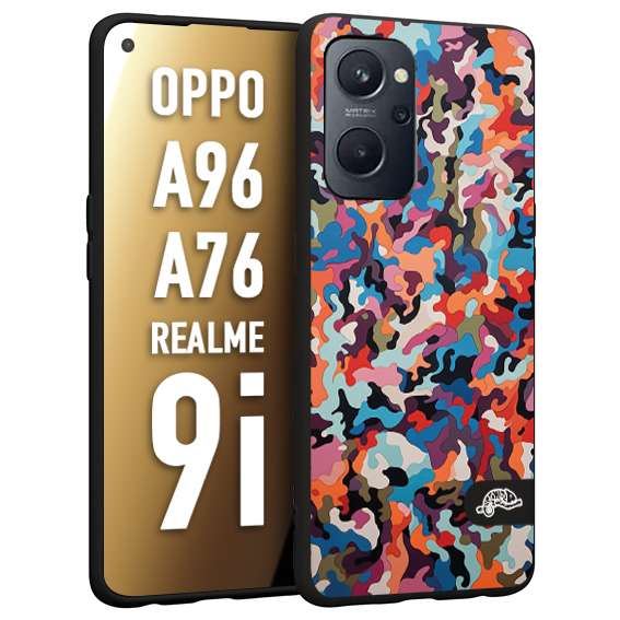 CUSTOMIZZA - Custodia cover nera morbida in tpu compatibile per Oppo Realme 9i - A96 - A76 camouflage mimetico militare moderno blu arancio rosa