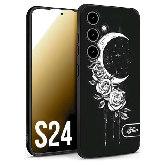CUSTOMIZZA - Custodia cover nera morbida in tpu compatibile per Samsung S24 luna e fiori moon flowers black and white bianco a rilievo disegnato