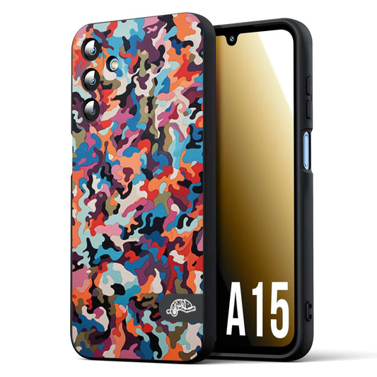 CUSTOMIZZA - Custodia cover nera morbida in tpu compatibile per Samsung A15 5G camouflage mimetico militare moderno blu arancio rosa