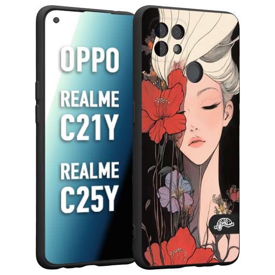 CUSTOMIZZA - Custodia cover nera morbida in tpu compatibile per Realme C21Y - C25Y woman flower Fantasia Floreale Design Donna e Fiori, Retro Artistico