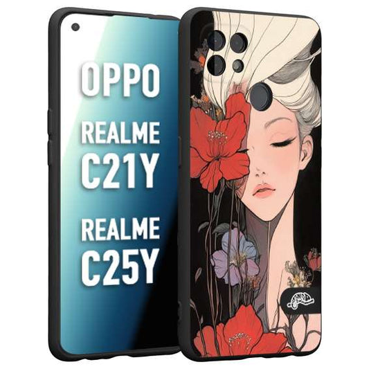 CUSTOMIZZA - Custodia cover nera morbida in tpu compatibile per Realme C21Y - C25Y woman flower Fantasia Floreale Design Donna e Fiori, Retro Artistico