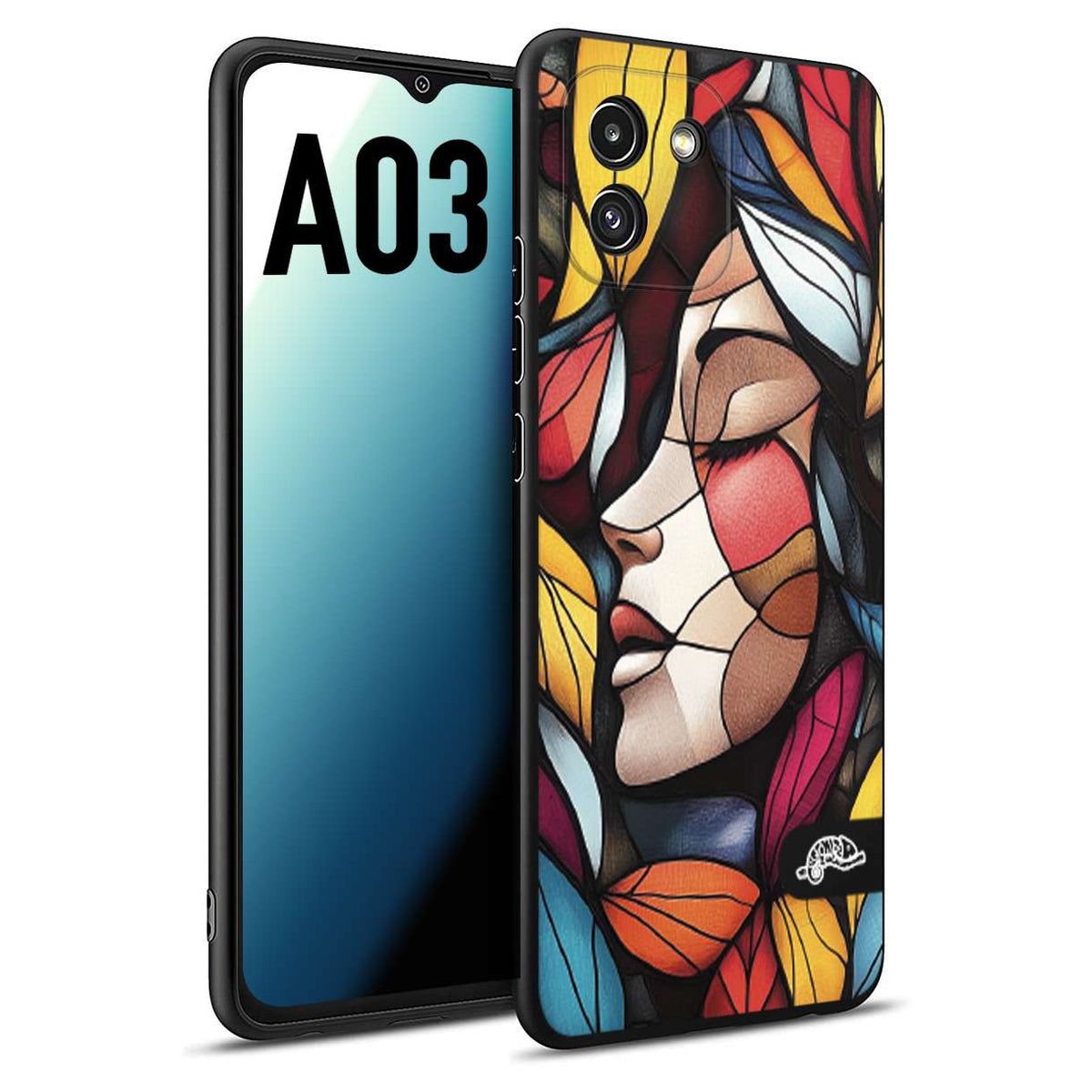 CUSTOMIZZA - Custodia cover nera morbida in tpu compatibile per Samsung A03 Vetrata artistica volto di donna profilo fogliare mosaico di vetro colorato