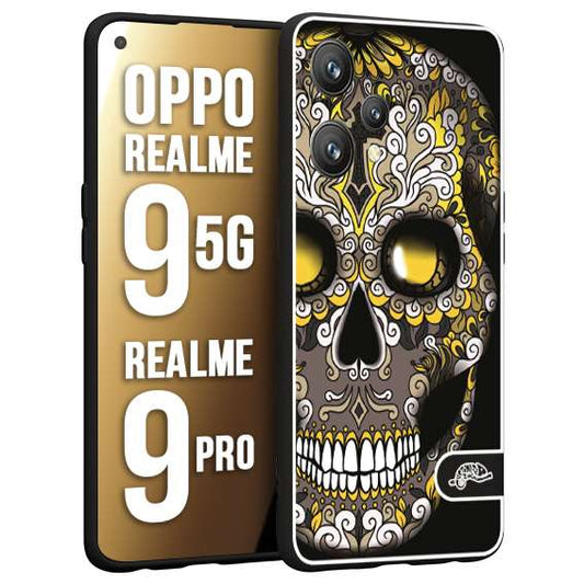 CUSTOMIZZA - Custodia cover nera morbida in tpu compatibile per Realme 9 5G - 9 PRO teschio messicano Mexican skull nero giallo