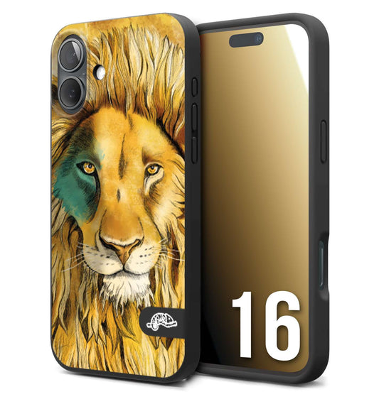 CUSTOMIZZA - Custodia cover nera morbida in tpu compatibile per iPhone 16 leone lion disegnato a mano giallo blu a rilievo artistico brown